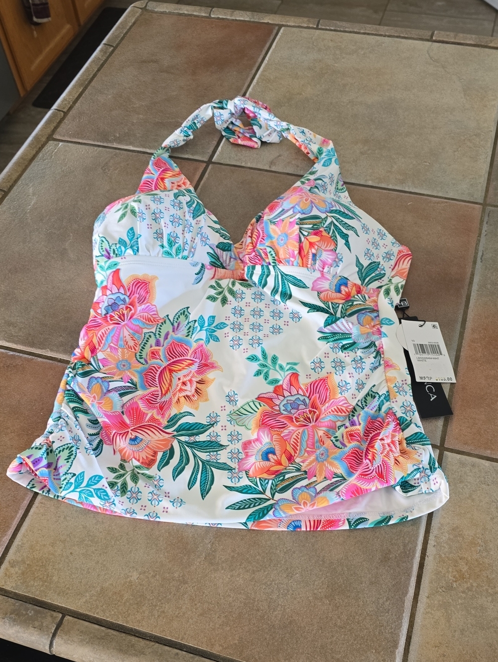 La BlancaWhite Floral Halter Tankini Top with Pink & Teal Blooms Sz 10 Nwt